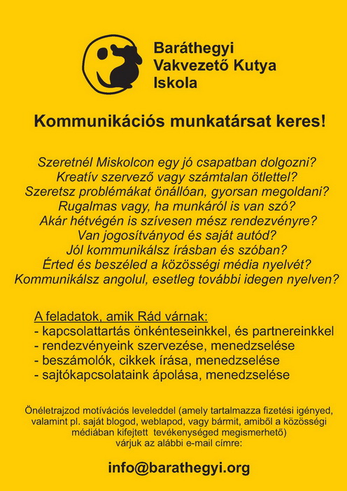 Vakvezető kutya iskola kommunikációs munkatársat keres