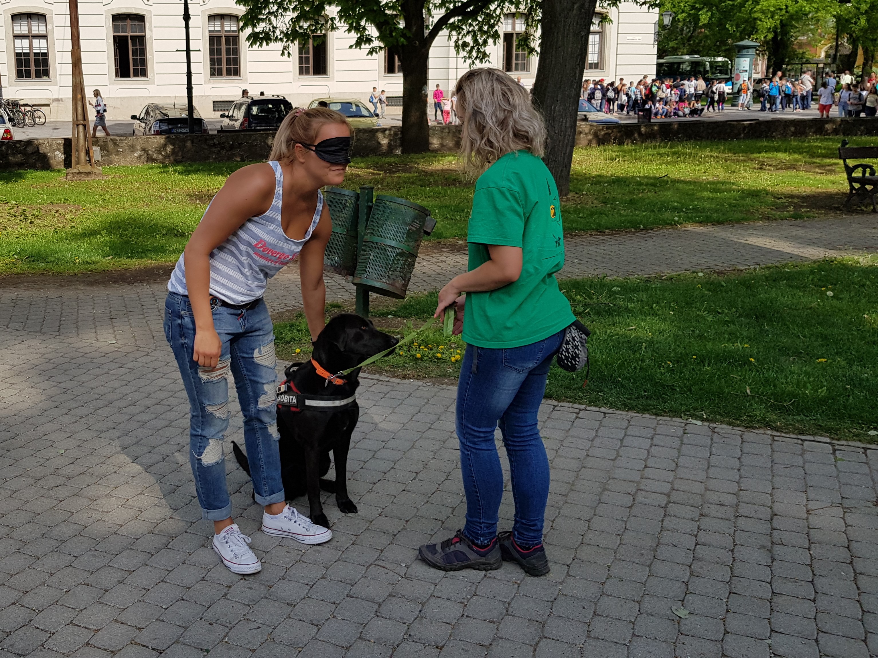 A bekötött szemmel közlekedést próbálja ki egy lány kiképzőnk, Emese irányításával